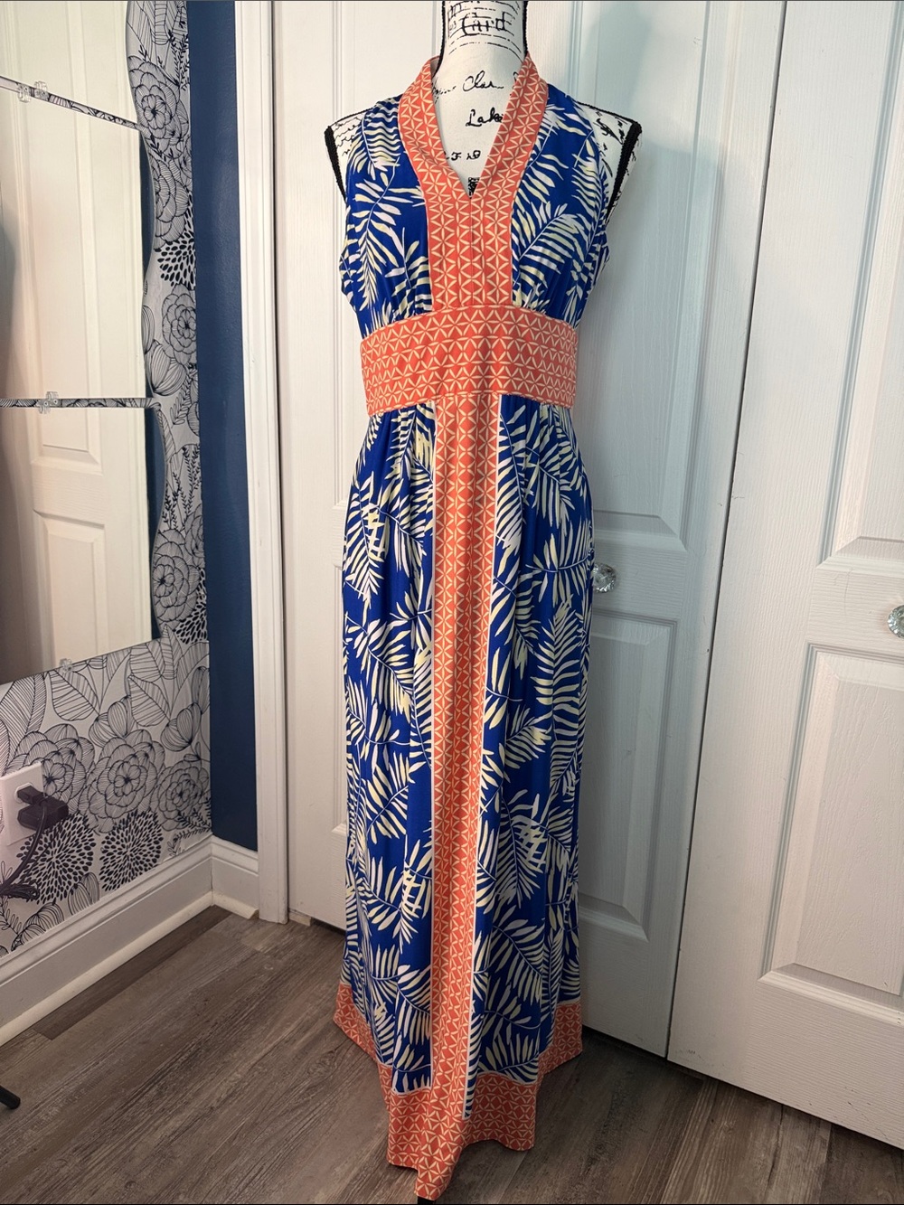 Wisp Ella Sleeveless Blue Palm-Print Maxi Dress with Coral Trim